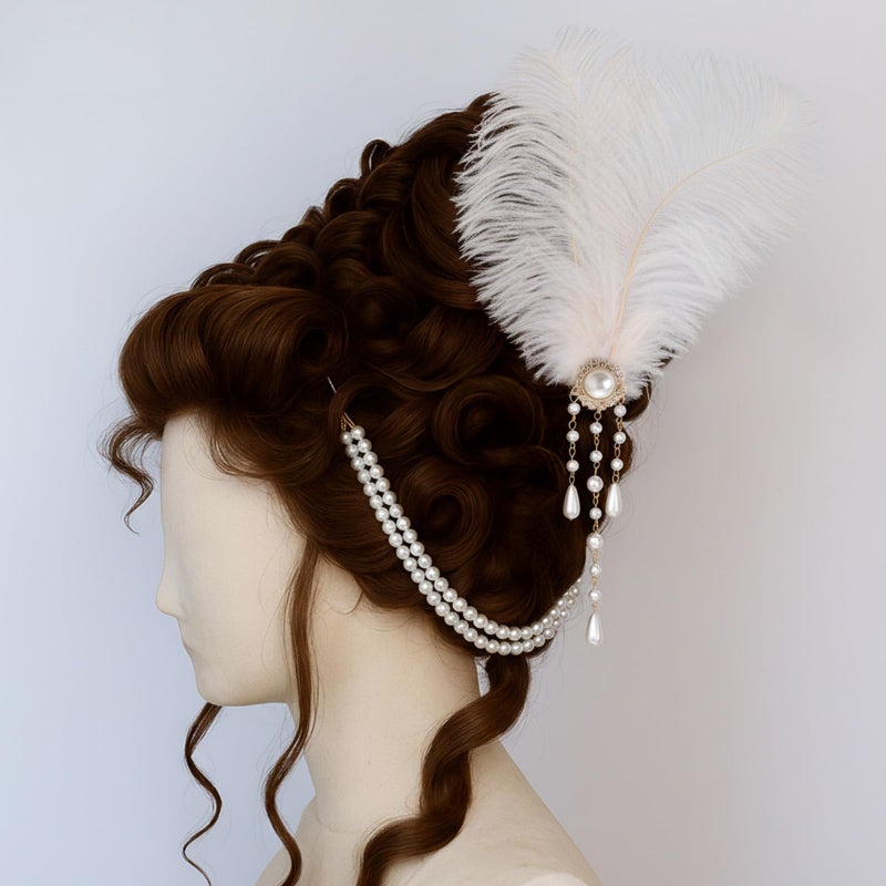 Suncalla 2 Pcs Women Victorian Hair Accessories Includes Ostrich Feather and Pearl Tassel Barrette Clip for 18th Century Renaissance Queen Blonde Beehive Cosplay Decor(White) - Image 3